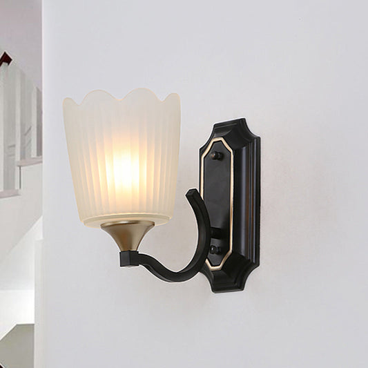 Rynx | 1/2-Light Scalloped Cup Wall Lamp Vintage Black Finish Frosted Glass Wall Mount Lamp