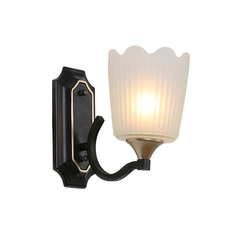 Rynx | 1/2-Light Scalloped Cup Wall Lamp Vintage Black Finish Frosted Glass Wall Mount Lamp