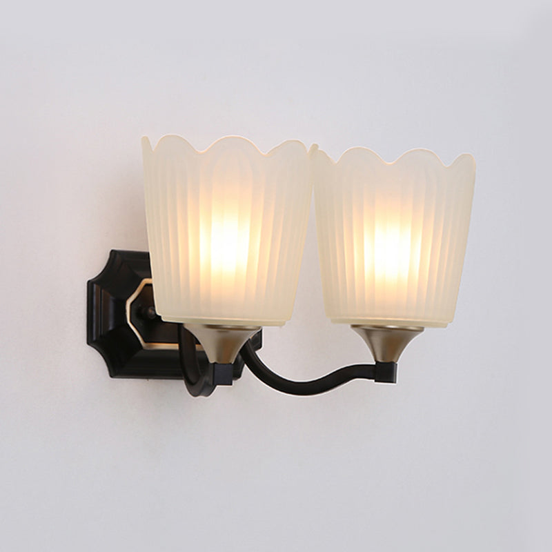 Rynx | 1/2-Light Scalloped Cup Wall Lamp Vintage Black Finish Frosted Glass Wall Mount Lamp