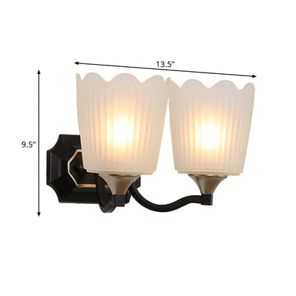 Rynx | 1/2-Light Scalloped Cup Wall Lamp Vintage Black Finish Frosted Glass Wall Mount Lamp