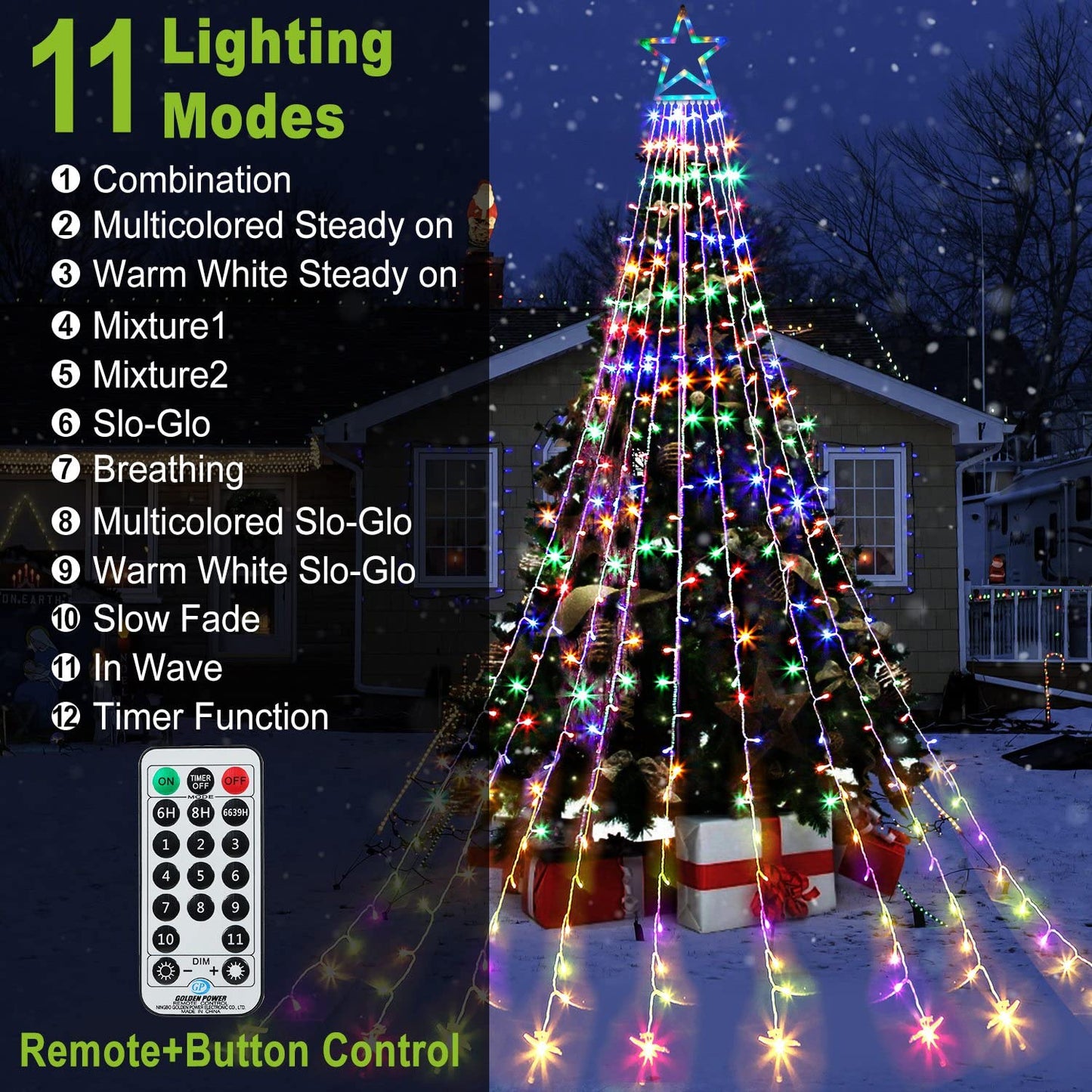 Rynx | Cerflyer 320 Led Christmas Tree Light Strings, 11.5 Feet Waterproof With Star Top, 8 Light Modes
