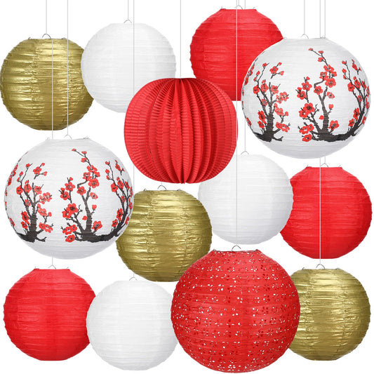 Rynx | Bencailor 13 Pcs Chinese Japanese Paper Lantern Chinese New Year Lantern Decorative Hollow Round Plum Blossom Red White Gold Chinese Lantern Chinese Party Decor For Spring Festival (Vibrant Color)