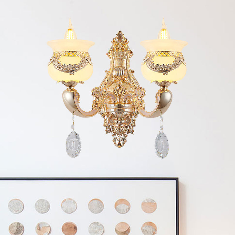 Rynx | Gold Candle Holder Wall Light Traditional Jade 1/2-Light Living Room Wall Lamp with Hanging Crystal