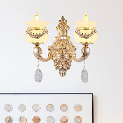 Rynx | Gold Candle Holder Wall Light Traditional Jade 1/2-Light Living Room Wall Lamp with Hanging Crystal