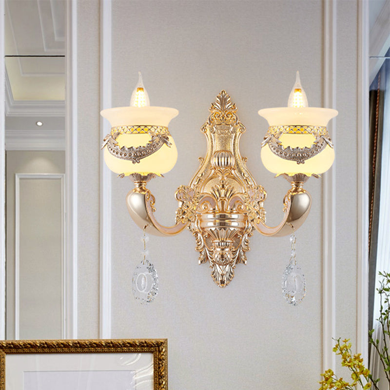 Rynx | Gold Candle Holder Wall Light Traditional Jade 1/2-Light Living Room Wall Lamp with Hanging Crystal