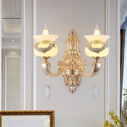 Rynx | Gold Candle Holder Wall Light Traditional Jade 1/2-Light Living Room Wall Lamp with Hanging Crystal