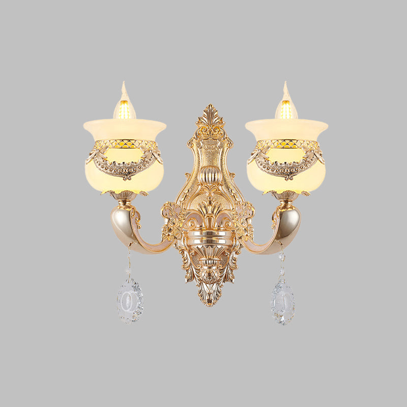 Rynx | Gold Candle Holder Wall Light Traditional Jade 1/2-Light Living Room Wall Lamp with Hanging Crystal