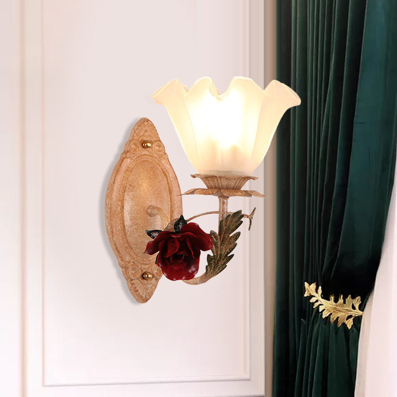 Rynx | Opal Glass Flower Wall Lamp American Garden 1 Bulb Living Room Wall Lamp in Light Brown/White