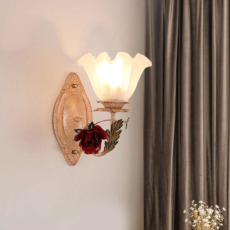 Rynx | Opal Glass Flower Wall Lamp American Garden 1 Bulb Living Room Wall Lamp in Light Brown/White