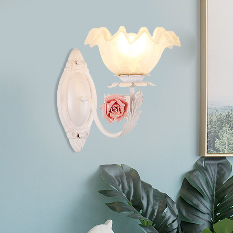 Rynx | Opal Glass Flower Wall Lamp American Garden 1 Bulb Living Room Wall Lamp in Light Brown/White