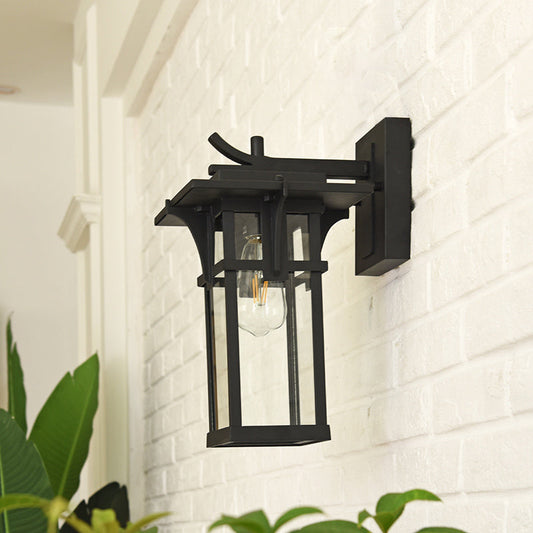 Rynx | Retro Lantern Wall Lighting Fixture 1 Light Clear Water Glass Wall Sconce Light in Bronze/Black for Outdoor