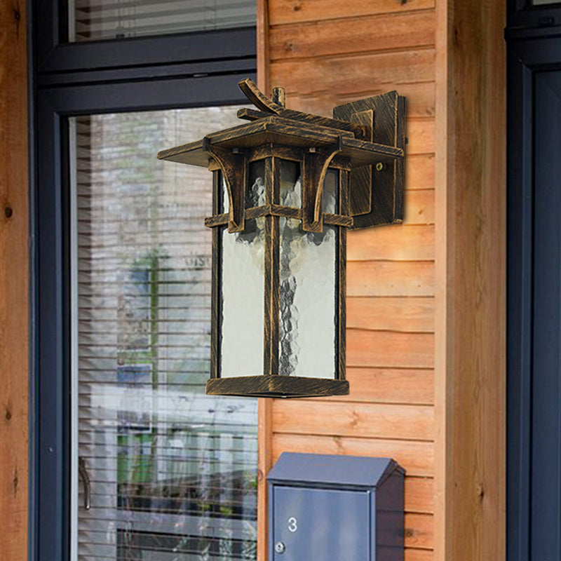 Rynx | Retro Lantern Wall Lighting Fixture 1 Light Clear Water Glass Wall Sconce Light in Bronze/Black for Outdoor