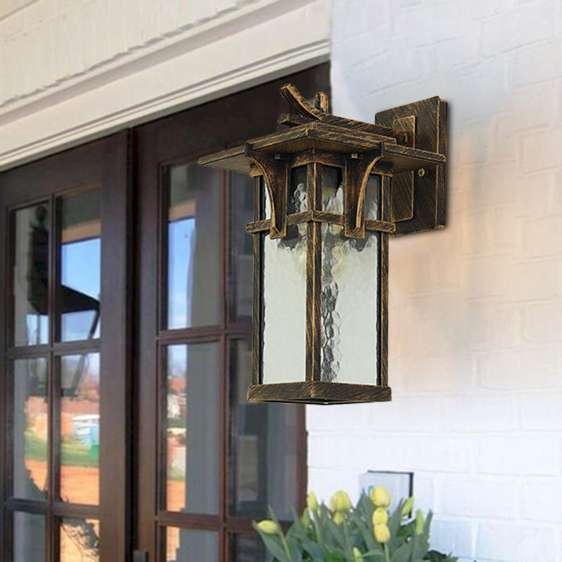 Rynx | Retro Lantern Wall Lighting Fixture 1 Light Clear Water Glass Wall Sconce Light in Bronze/Black for Outdoor