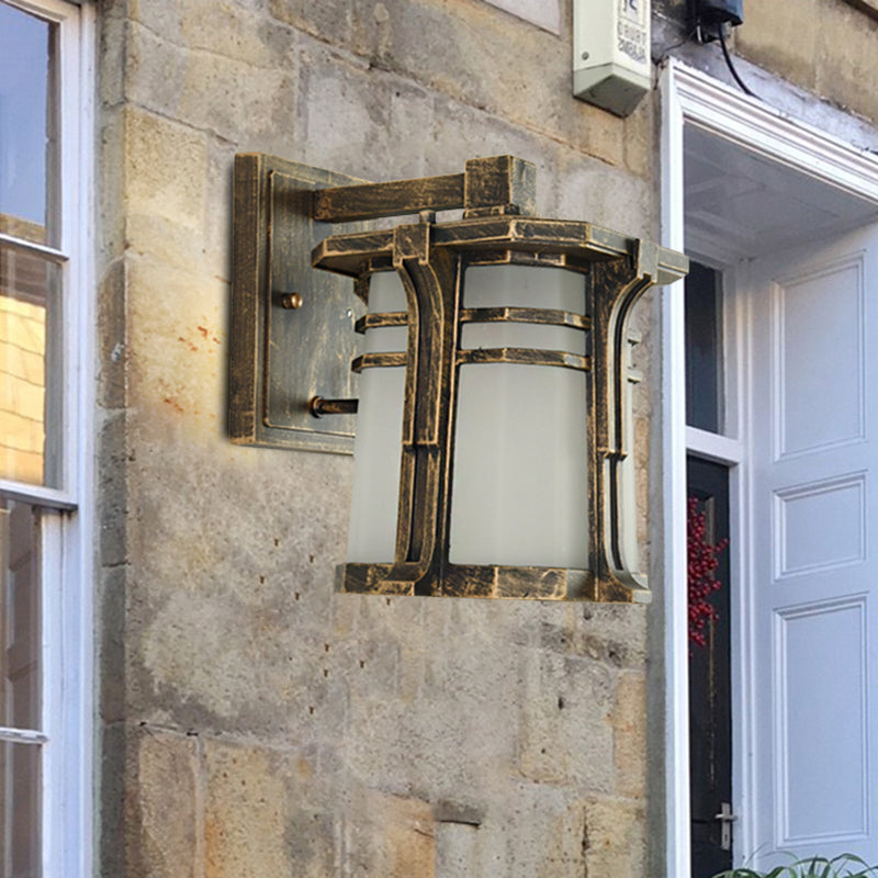 Rynx | Bronze/Black Lantern Wall Lamp Lodge Opal Frosted Glass Single Fixture Outdoor Wall Lighting