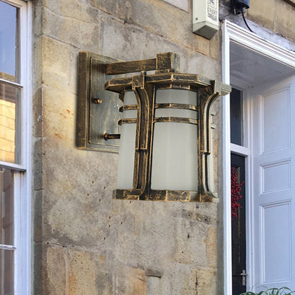 Rynx | Bronze/Black Lantern Wall Lamp Lodge Opal Frosted Glass Single Fixture Outdoor Wall Lighting