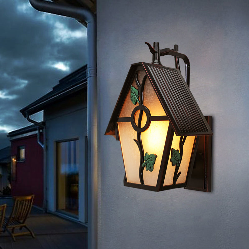 Rynx | House White Glass Wall Light Rustic 1-Light Outdoor Wall Light in Coffee with Leaf Design