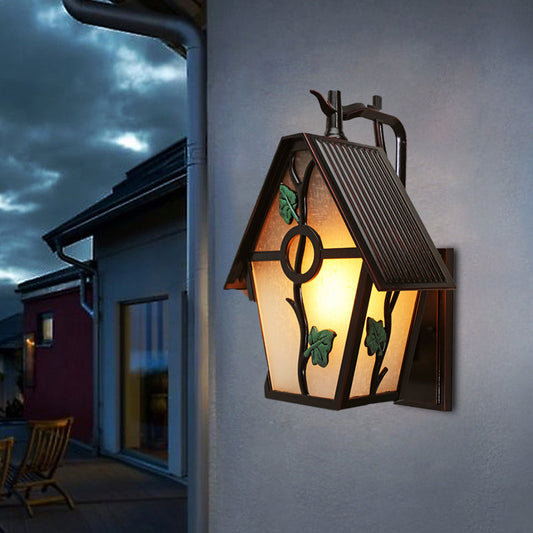 Rynx | House White Glass Wall Light Rustic 1-Light Outdoor Wall Light in Coffee with Leaf Design