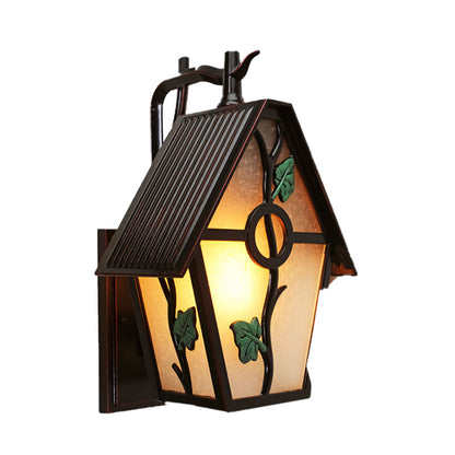 Rynx | House White Glass Wall Light Rustic 1-Light Outdoor Wall Light in Coffee with Leaf Design
