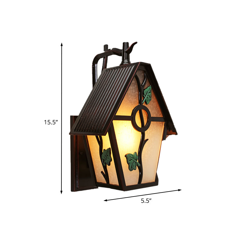 Rynx | House White Glass Wall Light Rustic 1-Light Outdoor Wall Light in Coffee with Leaf Design