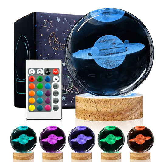 Rynx | Huntalg 3D Saturn Crystal Ball Night Light Upgraded 3.15 Inches Saturn Planet Glass Sphere Lamps With 16 Colors For Birthday Holiday