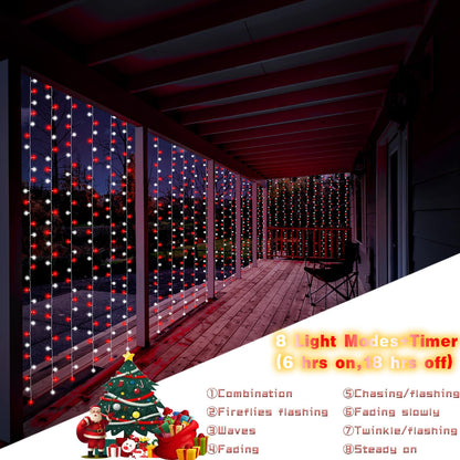 Rynx | Dealbeta Red White 300Led Christmas Curtain Lights With Remote Control, 8 Modes, 9.8X9.8Ft