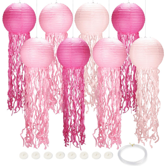 Rynx | 8Pack Pink Jellyfish Party Decorations, Jellyfish Lantern Hanging Decor with Sea Theme Stickers, Hooks and String, Mermaid Birthday Decorations for Birthday Party, Under the Sea Decorations