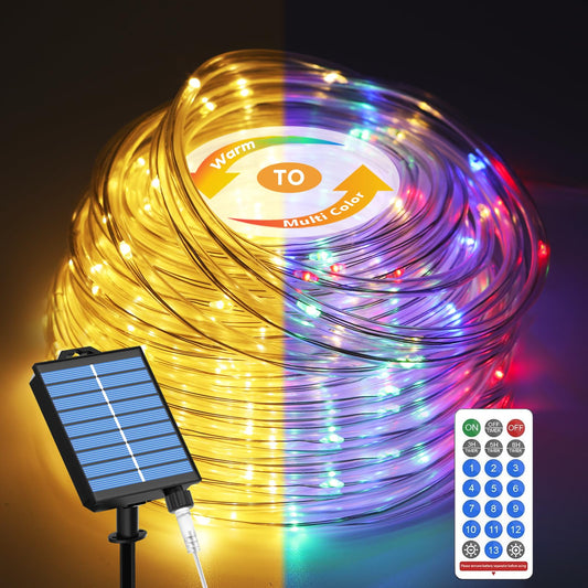 Rynx | Icrgb Solar Outdoor Rope Light, 20M 200 Led Christmas Outdoor Light Chain With Remote Control, 13 Modes & Timer, Ip67 Waterproof, Solar Light For Wooden Terrace Veranda Christmas, Warm White To Multicolor