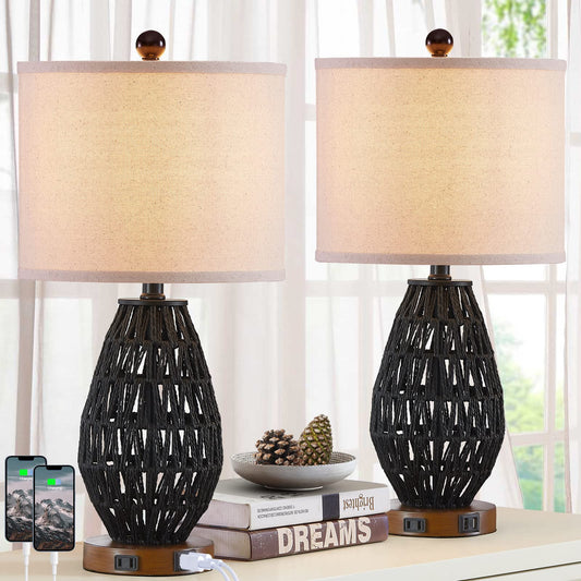 Rynx | Cinsary Touch Control Rattan Table Lamps, 3-way Dimmable Bedside Lamps For Bedroom Set Of 2 With 2 USB Ports And Socket, Black Basket Lighting Lamps For Living Room (Led Bulbs Included)