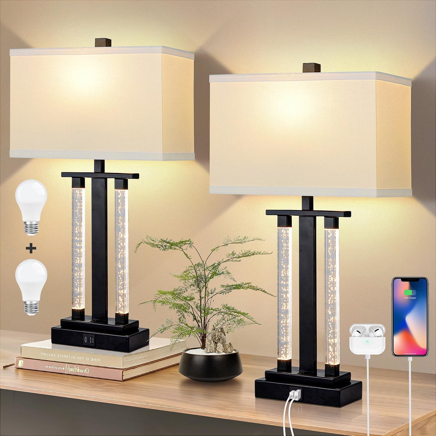 Rynx | Bowobo 21'' Bed Lamps Set of 2, Country House Lamps with Usb A+C Ports Bedroom Lamp Traditional Table Lamp with Lens Shades For