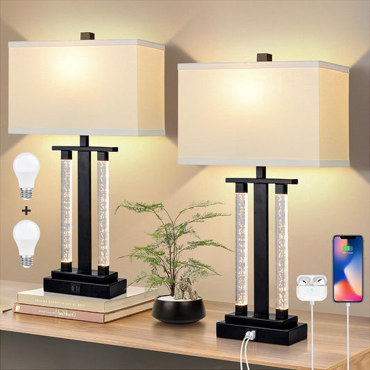 Rynx | Bowobo 21'' Bed Lamps Set of 2, Country House Lamps with Usb A+C Ports Bedroom Lamp Traditional Table Lamp with Lens Shades For
