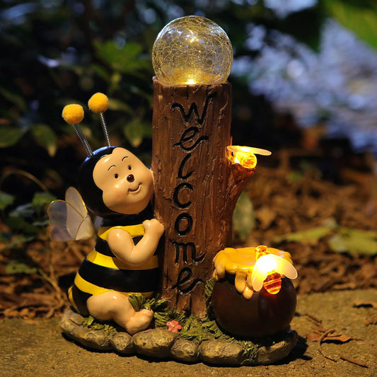 Rynx | Hdnicezm 9.8'' Solbi-Medhage Statue Light-Has Resin-Carved Wood Stump With Welcome Sign Warm White Led Lighting By Solar-Powered Glass