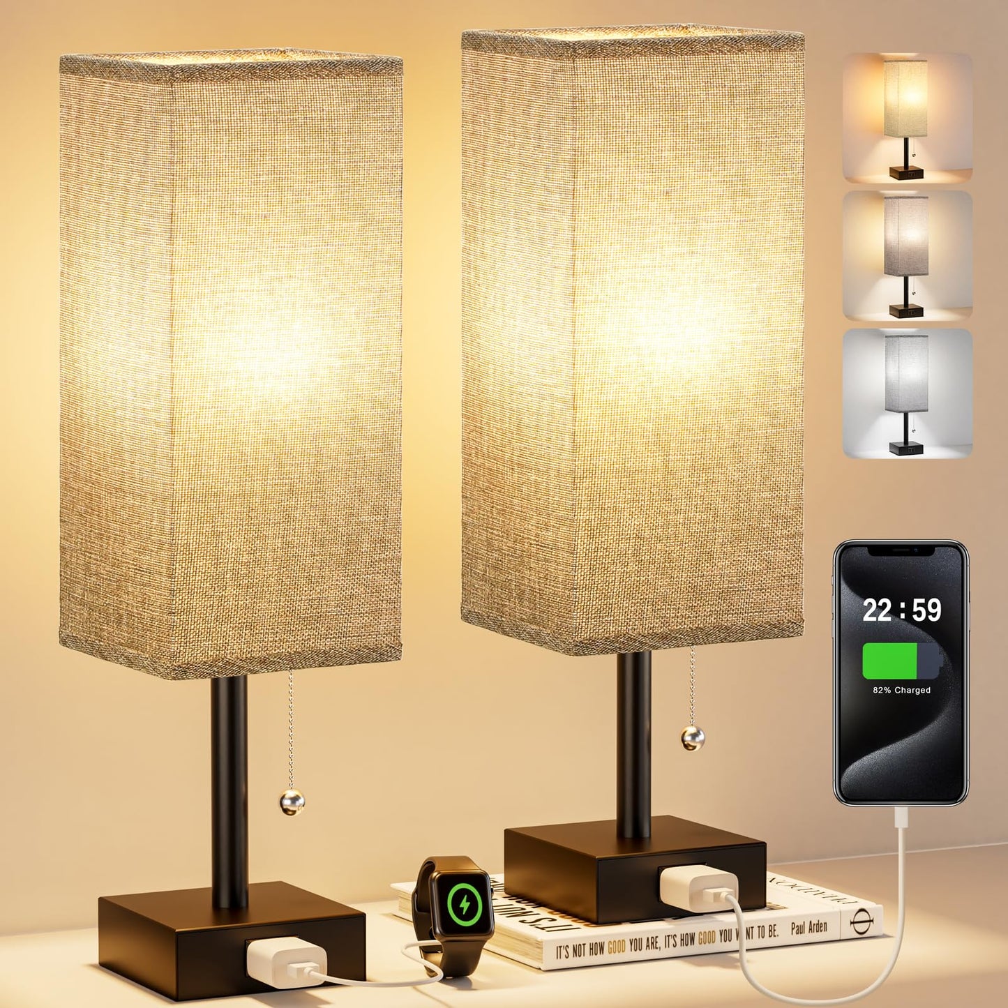 Rynx | Gray Bedside Lamps For Bedroom Set Of 2 - Small Rectangular Nightstand Lamp With AC Outlet Charger, 3 Color Temperatures D