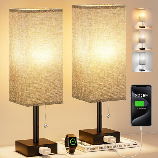 Rynx | Gray Bedside Lamps For Bedroom Set Of 2 - Small Rectangular Nightstand Lamp With AC Outlet Charger, 3 Color Temperatures D