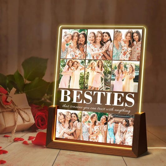 Rynx | Ecautly Best Friend Birthday Gifts For Women, Customized Acrylic Plaque Printed Walnut Photo Frame With LED Night Light, Personalization