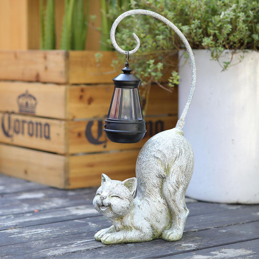 Rynx | Hapyard Laughing Cat Figurine with Solar-Powered LED Light, 15.7 inches high Marble, Perfect as a Gift Garden Decoration or Home Warmth for Cat Lovers.