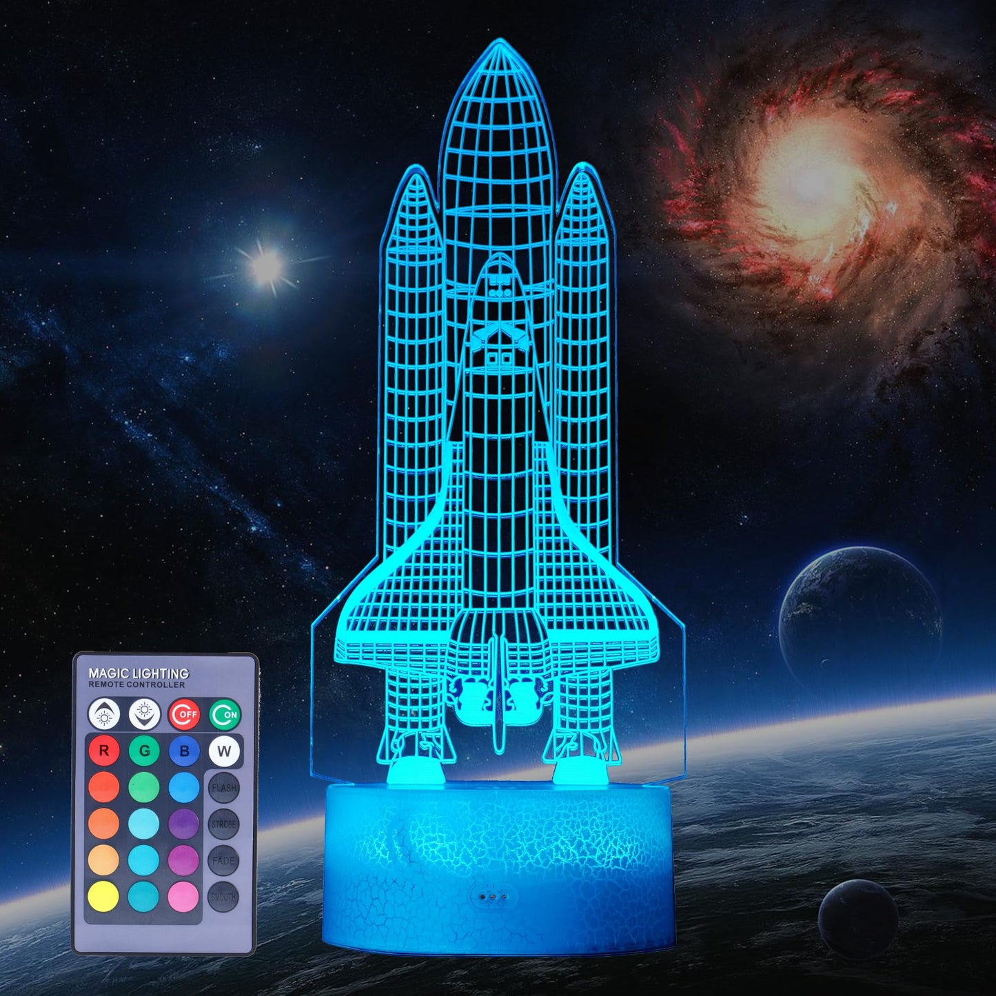 Rynx | Posshe Space Shuttle Night Light, Space Shuttle Gifts, Rocket 3D Illusion Lamp With 16 Colors That Change, Remote Control And Dimmer
