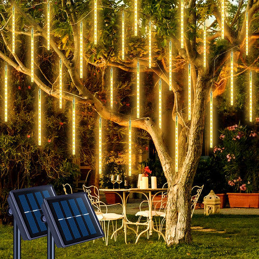Rynx | Jmexsuss 2 Pack Solar Meteor Shower Lights, 16 Tubes 288 LED Warm White Meteor Christmas Lights, Solar Christmas Lights Outdoor Waterproof for Tree Christmas Decorations