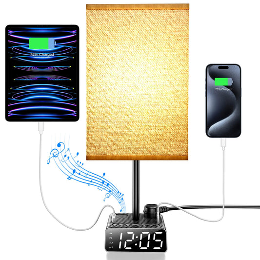 Rynx | Yostyle Table Lamp With Alarm Clock Base, Nightstand Lamp, 2 Usb & 1 Ac Power Outlet, Fm Radio & Speaker 6ft Extension Cord - Squar