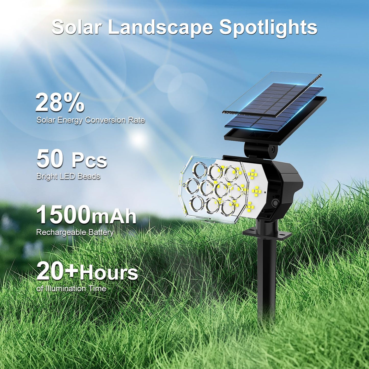 Rynx | Flaow Solar Spotlights Outdoor, 8 Pack 50Led Waterproof Ip67, Dusk-Till-Dawn Garden Lighting