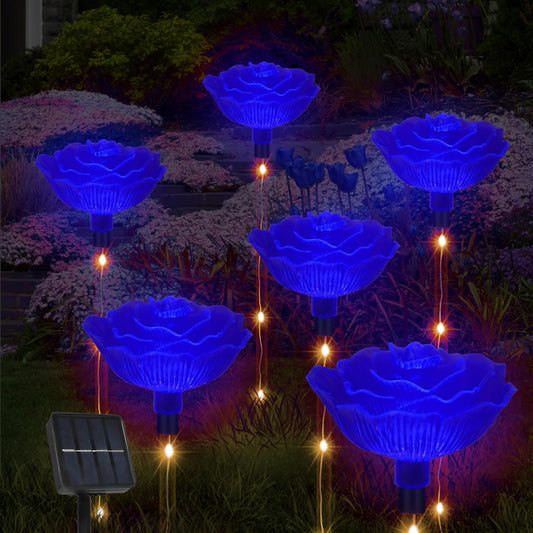 Rynx | Behavior Set of 6 Blue Rose Solar Lights - Outdoor Walkway Decor for Garden & Wedding