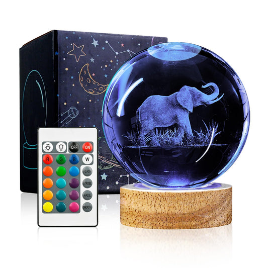 Rynx | Yylzephb 3D Elephant Crystal Ball Night Light With Wooden Base, 3.15'' Elephant Figurine Glass Lamp With 16 Colors Cool Desk L