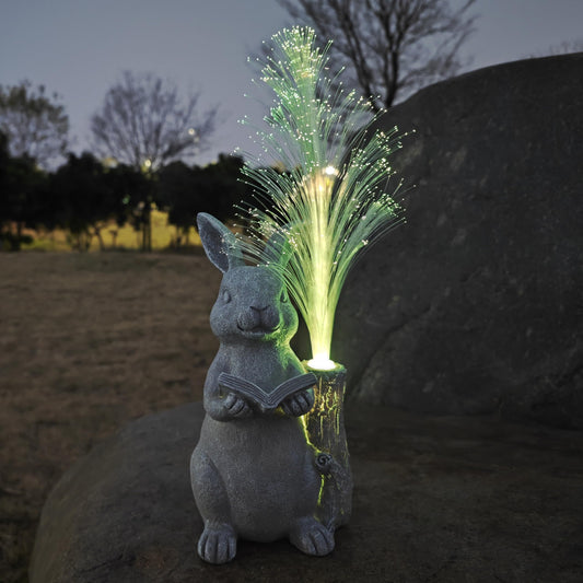 Rynx | Rctticuu Rabbit Solar Garden Statues, Resin Rabbit Figure Reading a Book and 7-Color Changing Optical Fiber with Sunlight,
