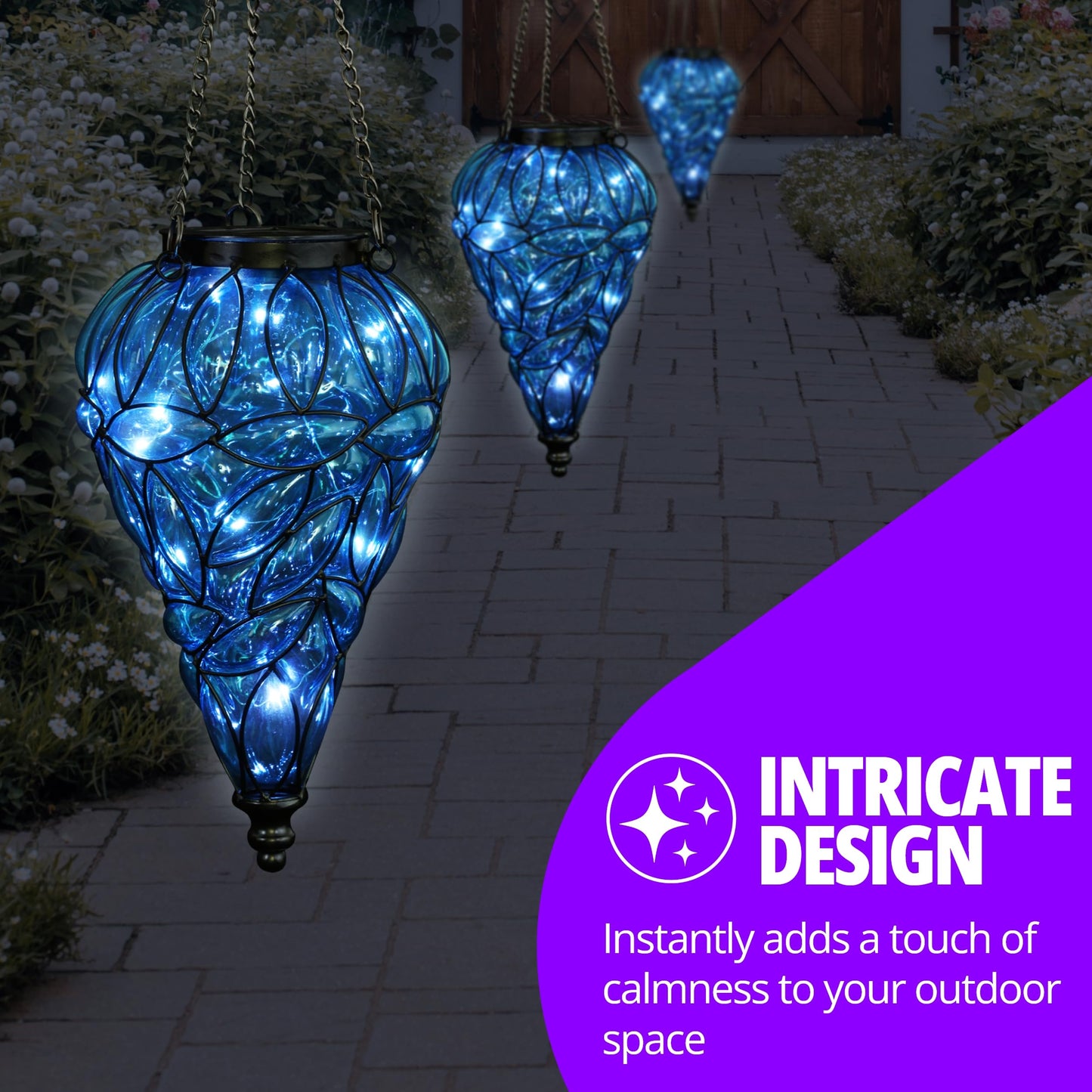 Rynx | Exhart Blue Outdoor Garden Solar Light, Tear-Shaped Hanging Lantern With 15 Firefly LEDs