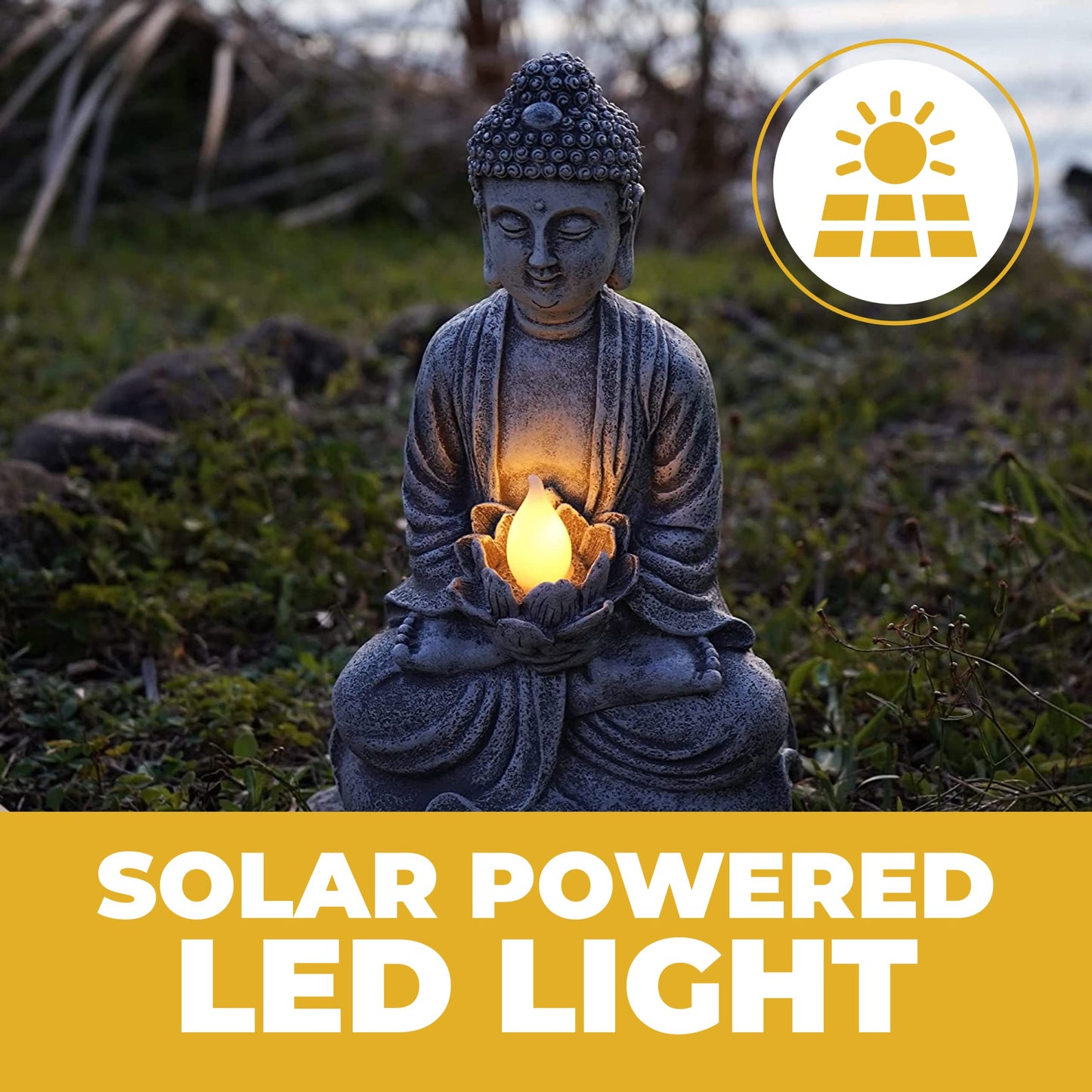 Rynx | Vp Home Buddha Statue - Solar-powered LED garden lighting, Zen meditation decor, 14"H resin
