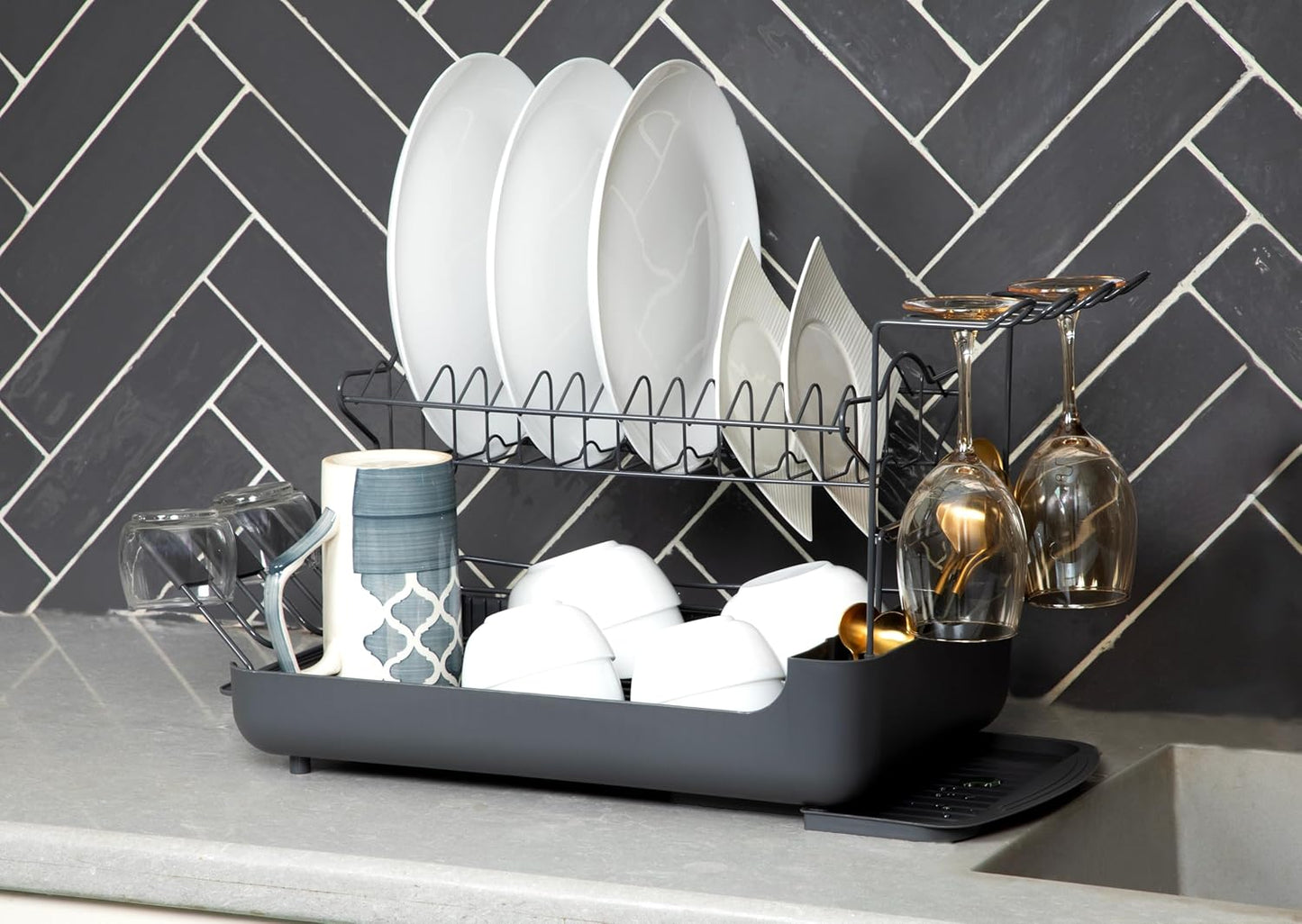 Rynx | 2-tier dish rack with removable drip tray – Large capacity workspace organizer