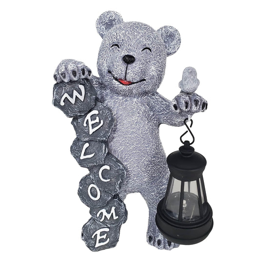 Rynx | Memeyou Bear Statue Figurine With Solar LED Light Lantern Welcome Sign Garden Yard Decorations For Outdoor Balcony Terrace Veranda L