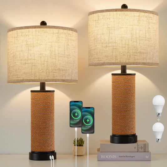 Rynx | Fullarge 19.5'' Vintage Rustic Table Lamp Set Of 2 Country Table Lamps For Living Room Bedroom Decor With Usb Ports Traditional
