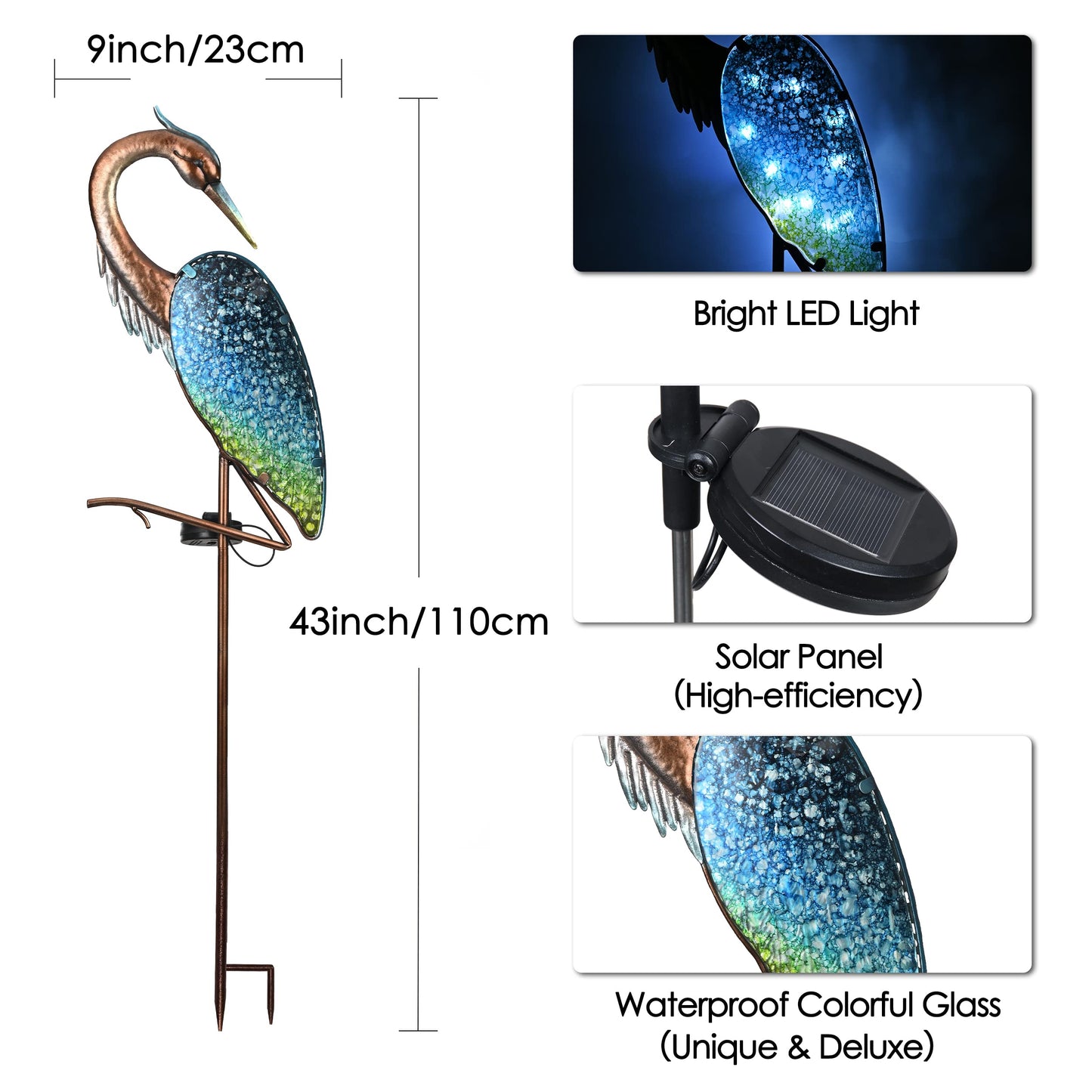 Rynx | Teresa'S Collections Blue Heron Solar Lights, Metal Yard Art For Garden Decor, 43"