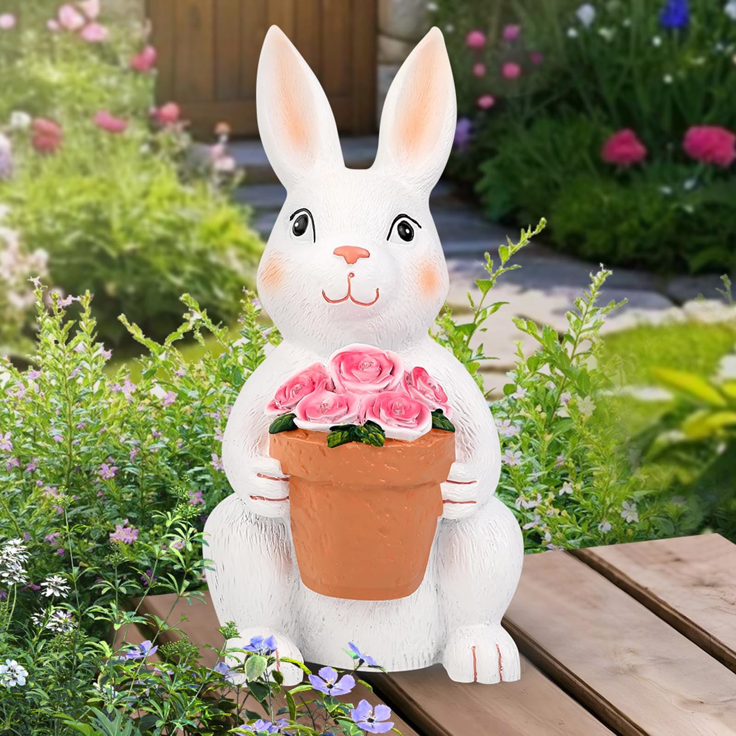 Rynx | Brightever Solar Powered Outdoor Garden Statues - Rabbit With Flowers And 5 Colorful Led Lights, 11.8In Outdoor Figurine Light,