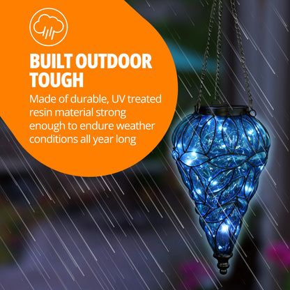 Rynx | Exhart Blue Outdoor Garden Solar Light, Tear-Shaped Hanging Lantern With 15 Firefly LEDs